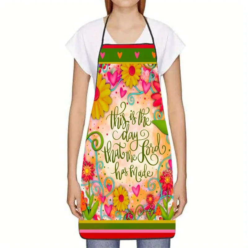 1pcs Faith-Themed Apron with Religious Quotes Vibrant Floral Print - Warm-Toned Base Suitable for Cooking, Baking