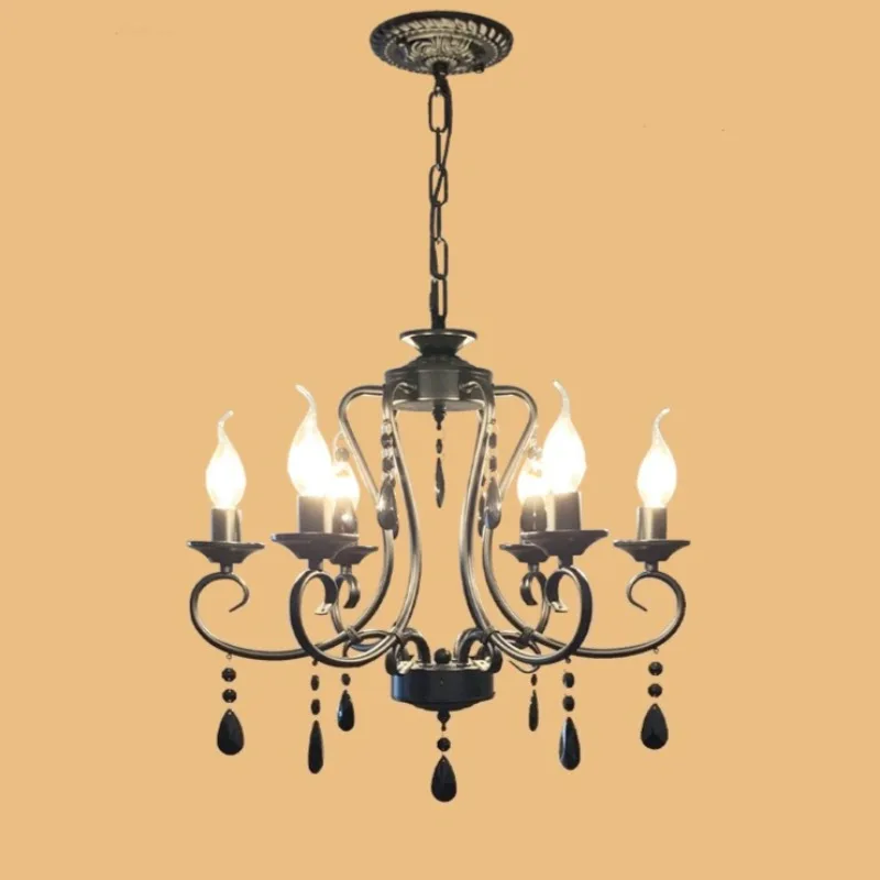 

French Retro Candle Chandelier American Living Room Dining Room Bedroom Simple Pastoral Wrought Iron Black Crystal Lamp