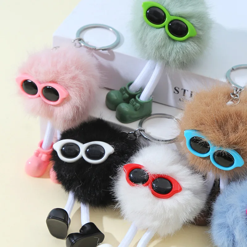 New Sunglasses Coal Ball Long-Legged Doll Plush Pendant Creative Keychains Backpack Ornament Plush Toy Bag Charms Accessories