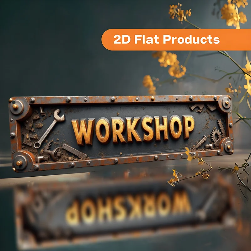 2D Vintage Metal Sign Workshop with Tools Graphic, Heavy Duty Aluminum Wall Plaque, Flat Retro Style, Large 10x40cm, Easy Mount