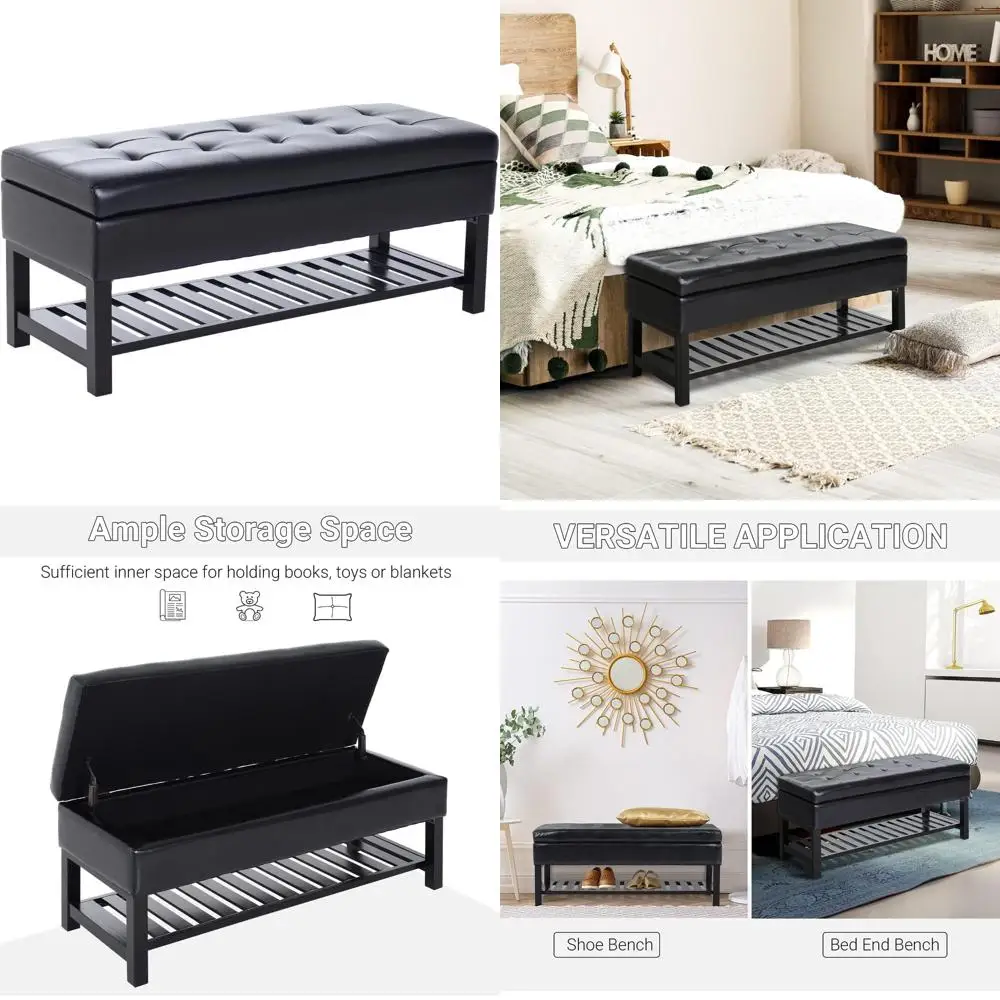 Black 44-Inch Tufted Faux Leather Storage Ottoman with Shoe Rack by HOMCOM