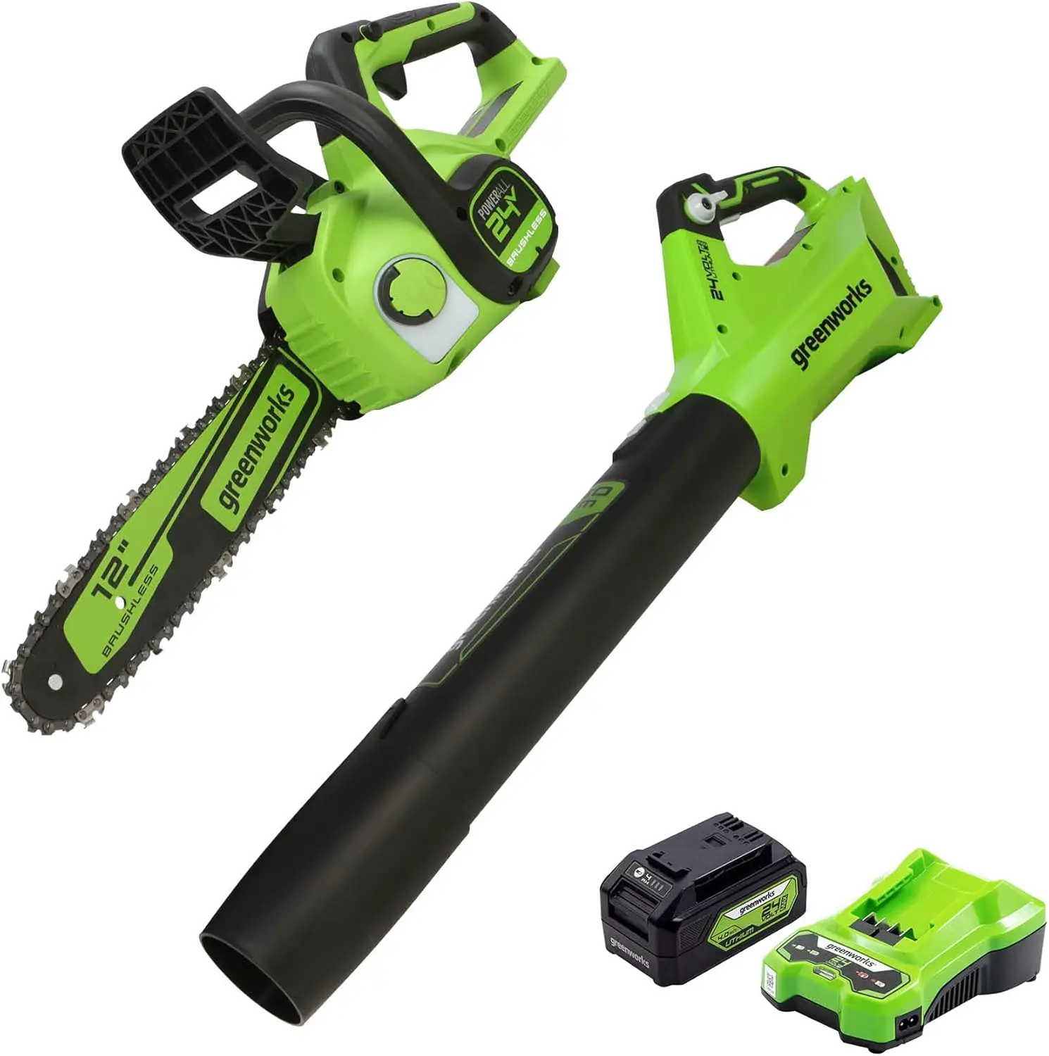 

24V 12 in. Brushless Chainsaw, 4Ah USB Battery and Charger Included, CS24L410 & 24V Brushless Axial Blower (110 MPH / 450 CFM) T
