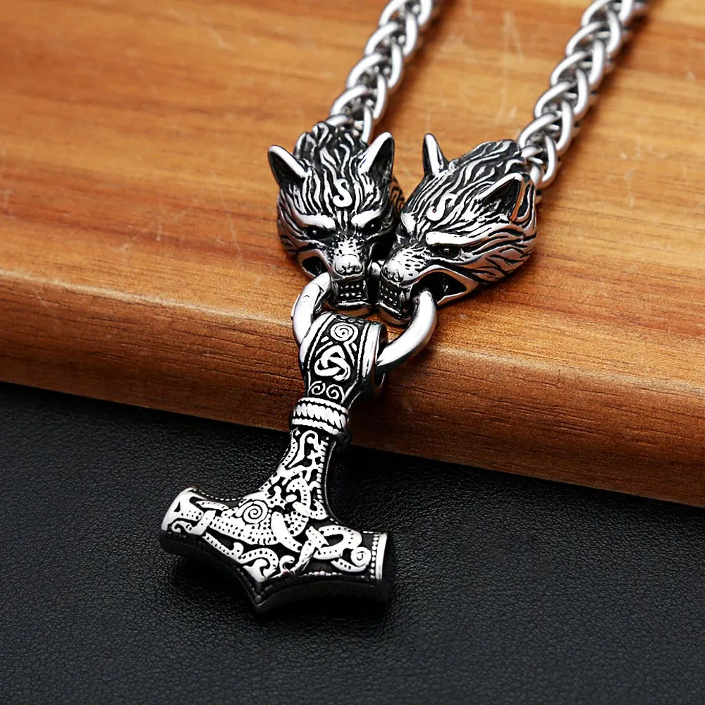 Vintage Viking Wolf Head Mjolnir Necklace 316L Stainless Steel Thor Hammer Norse Amulet Hip Hop Biker Punk Jewelry Gifts For Men
