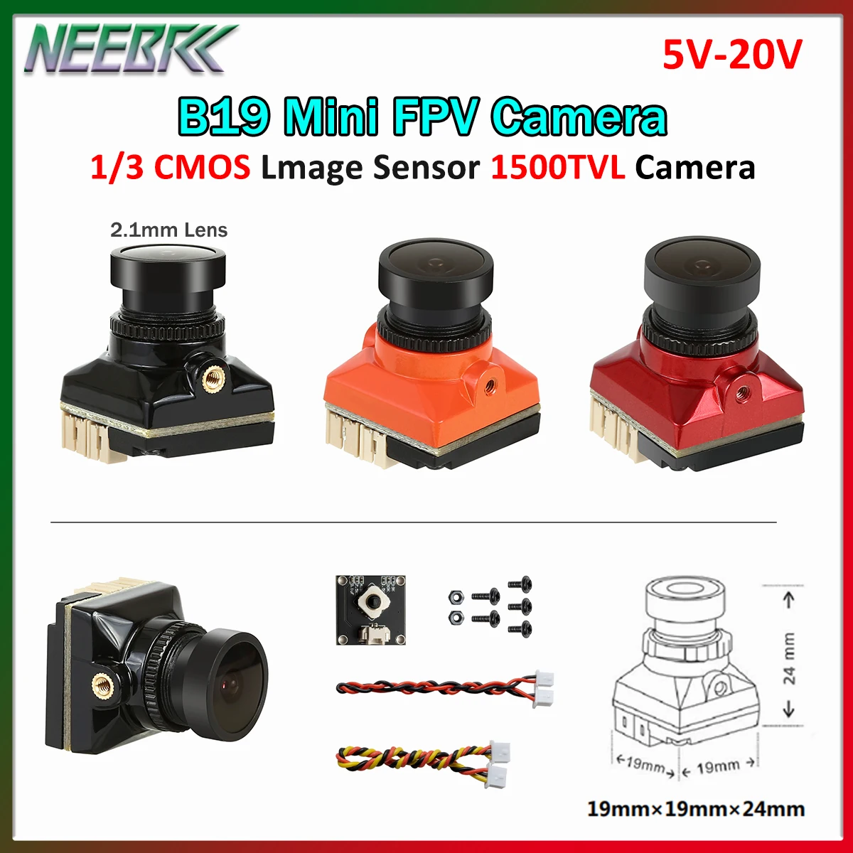 NEEBRC 1/3 CMOS 1500TVL B19 FPV Camera w/ 2.1mm Lens 5V-20V PAL / NTSC with OSD Internal Adjustable for RC FPV Racing Drone DIY