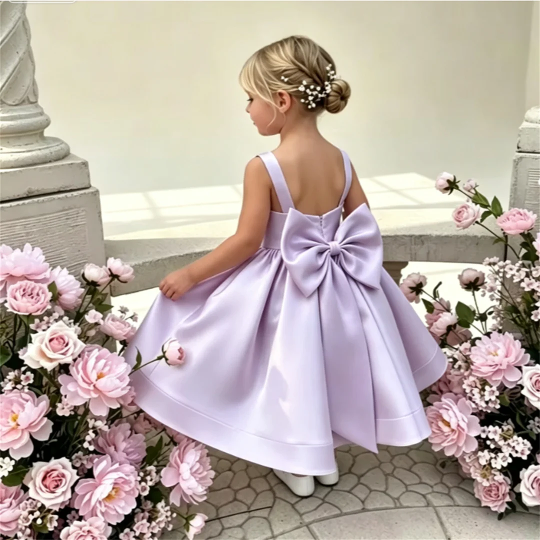 Satin Girl Birthday Party Dress Spaghetti Straps A Line Bows Kid Flowers Dress First Birthday Party Dress Infant Flower Girl