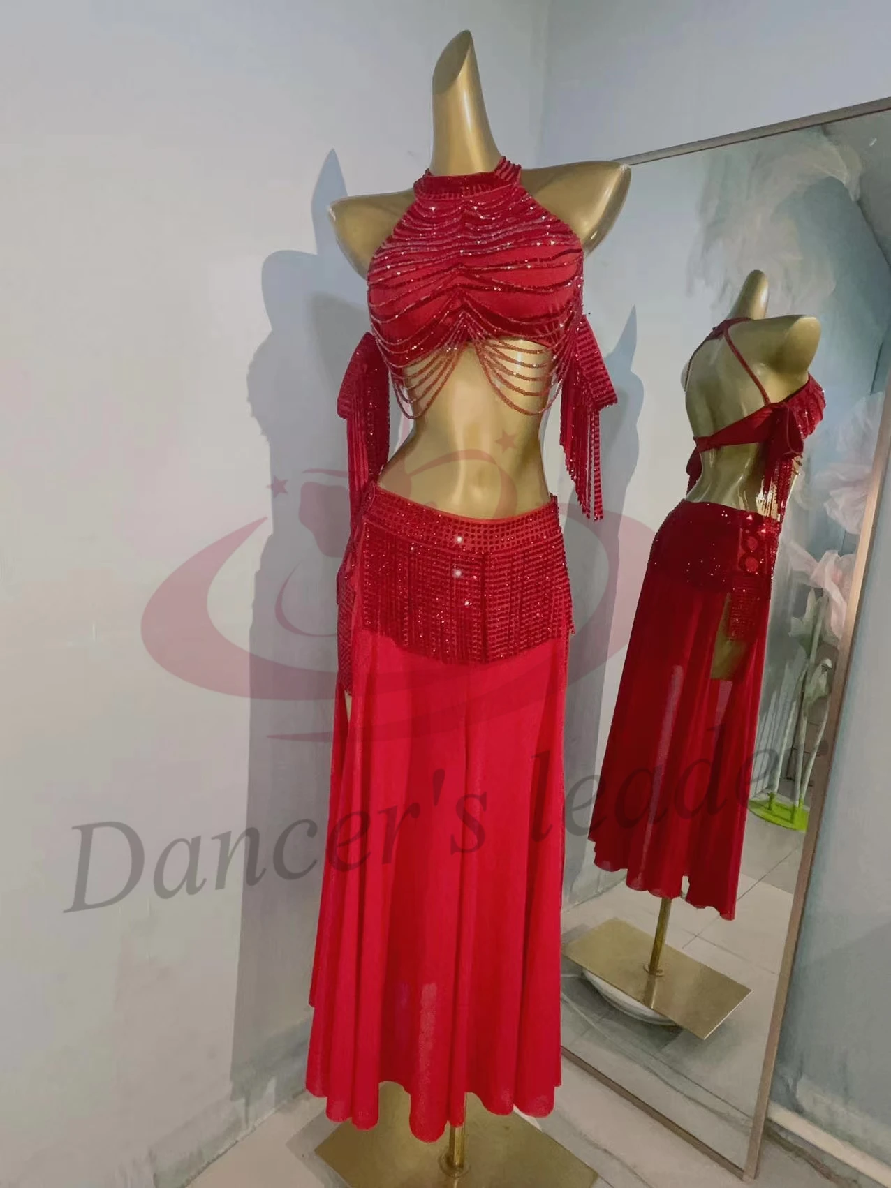 Konkurs Tańca Brzucha Damska Ekskluzywna Sukienka na Zamówienie z Czerwonymi Kryształkami, Koralikami, Rurką, Amerykańska Samba, Sukienka z Cyrkoniami