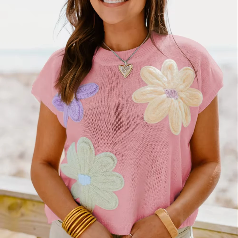 

Оптовая продажа, Новое поступление, повседневные женские футболки с коротким рукавом, белые, розовые, зеленые, вязаные крючком, с цветочным принтом, свитер с короткими рукавами, топы