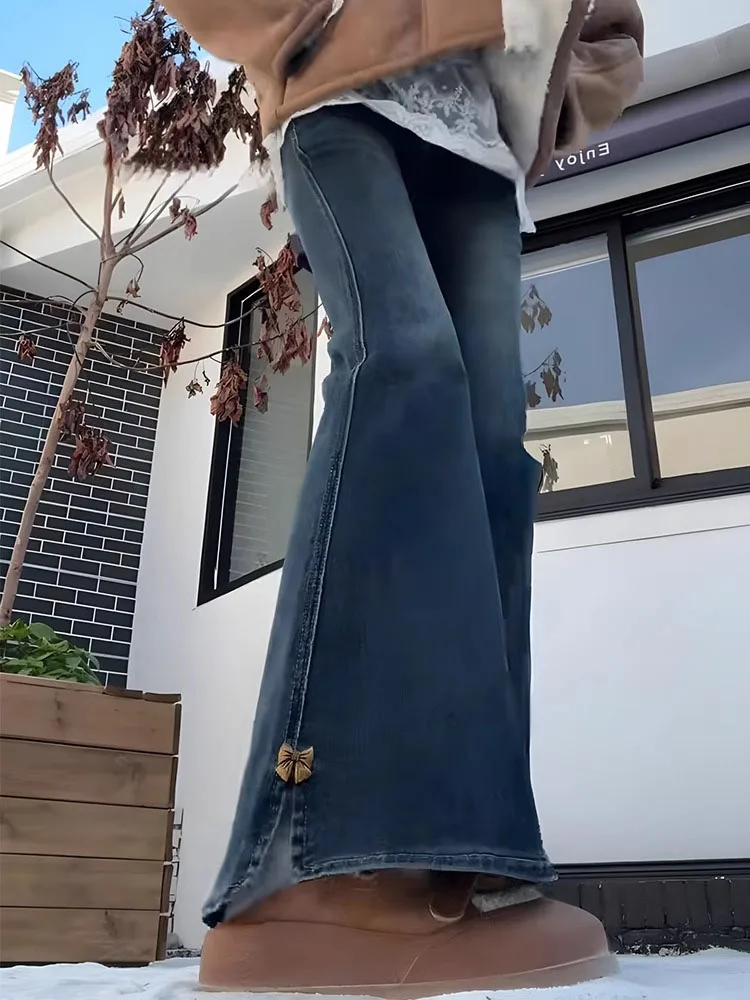 

Синие джинсы-колокольчики с высокой талией в стиле ретро, женские новые джинсы больших размеров для похудения, эластичные расклешенные брюки, повседневные джинсовые брюки