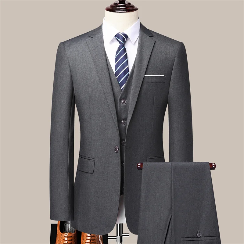 High Quality Solid Color Suit (suit +vest +trousers) 2024 New Men\'s Fashion Casual Handsome All Fashion Business Three-piece Set