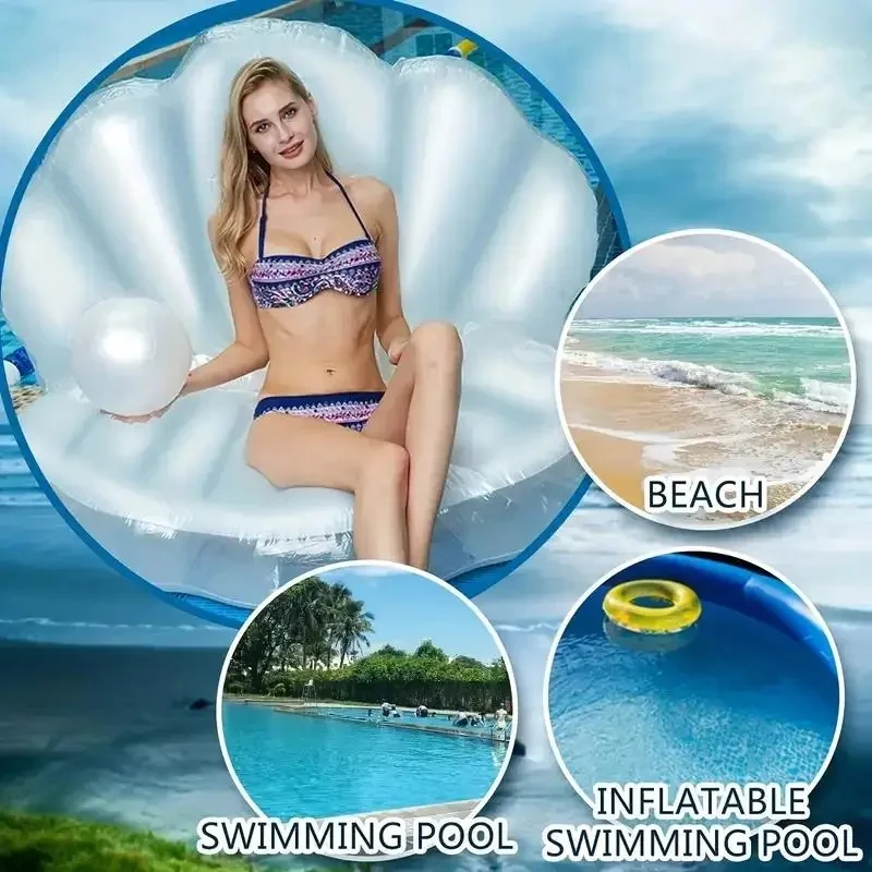 White PVC Giant Clam Inflatable Pool Float Seashell Floating Ride On with Pearl Ball Blow Up Beach Water Lounge Floatie image 5
