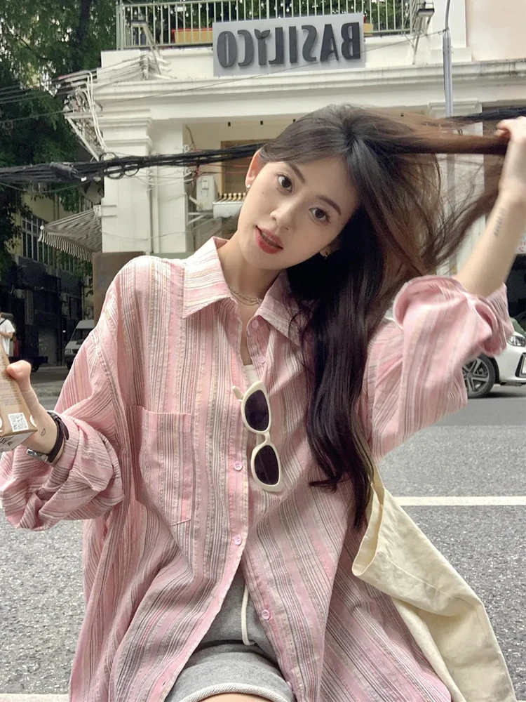 Jmprs Women Korean Striped Shirts Loose Long Sleeve Casual Sweet Blouse Retro Fall New Lazy Wind Female Vintage Pocket Soft Tops