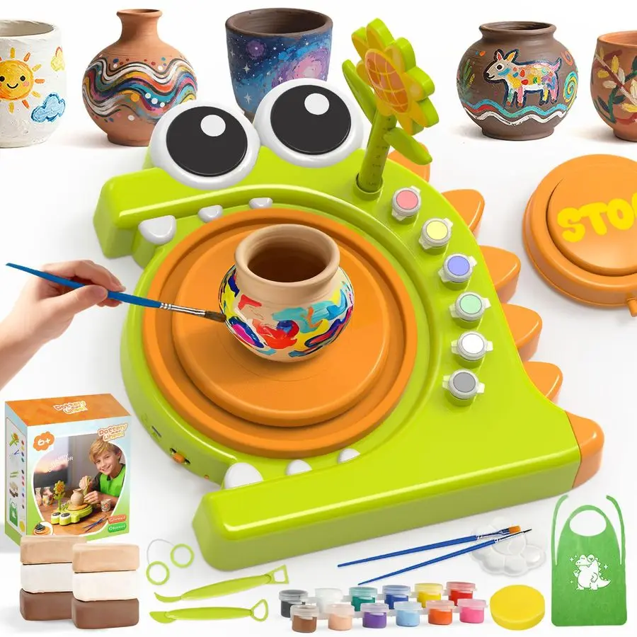 Kit de rueda de cerámica de dinosaurio para niños, kit de manualidades, juguetes para niños y niñas, kit de herramientas de rueda de cerámica de velocidad variable, cumpleaños, Chr