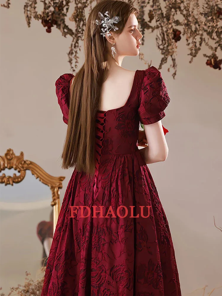 Customized Wine Red Satin Half Sleeve Evening Dresses For Wedding Party Elegant Square A-Line Floor-Length Bride Reception Gowns