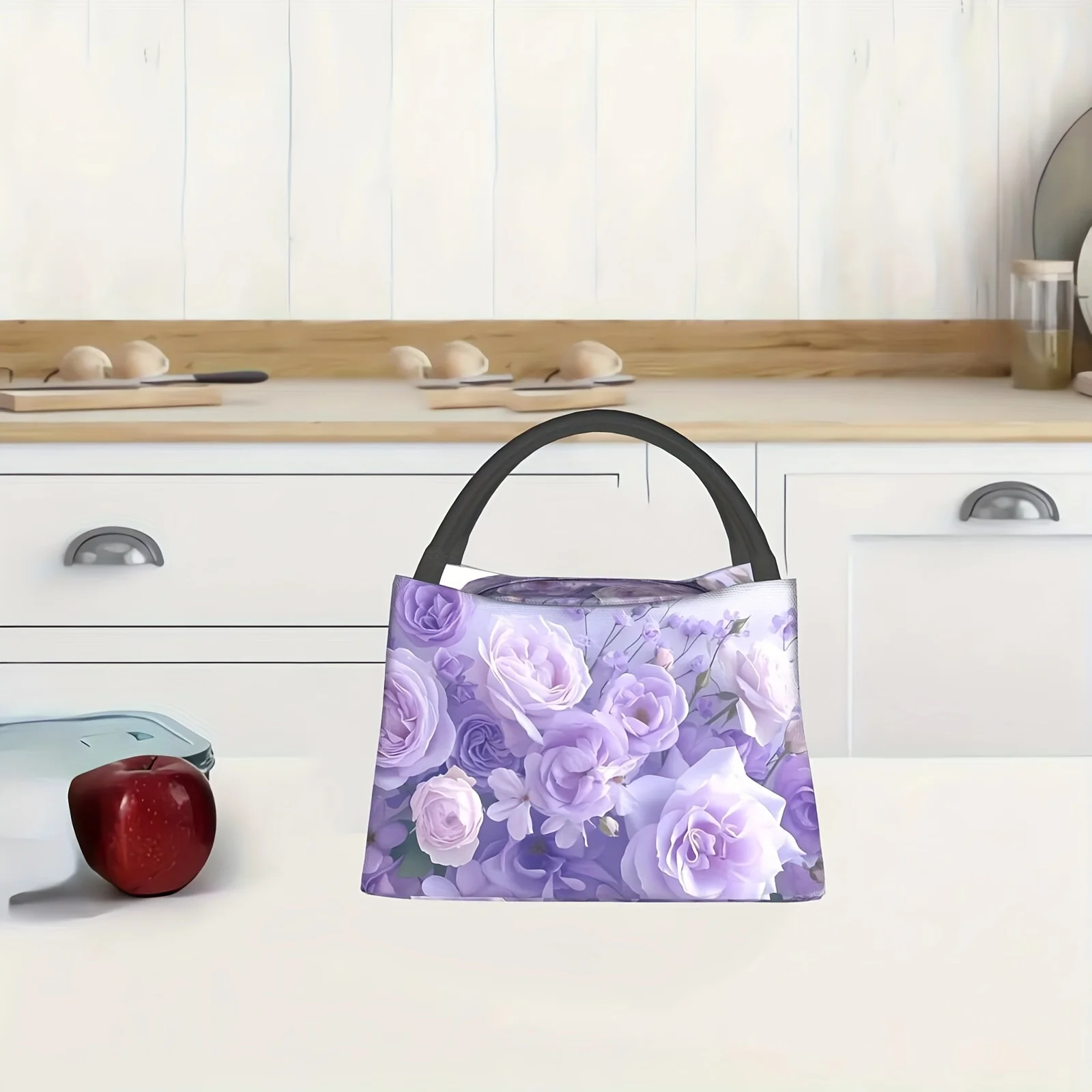 1pc Purple Floral Pattern Insulated Lunch Bag - Reusable, Portable Cooler Tote For Picnics, Beach, Hiking & Outdoor Activities