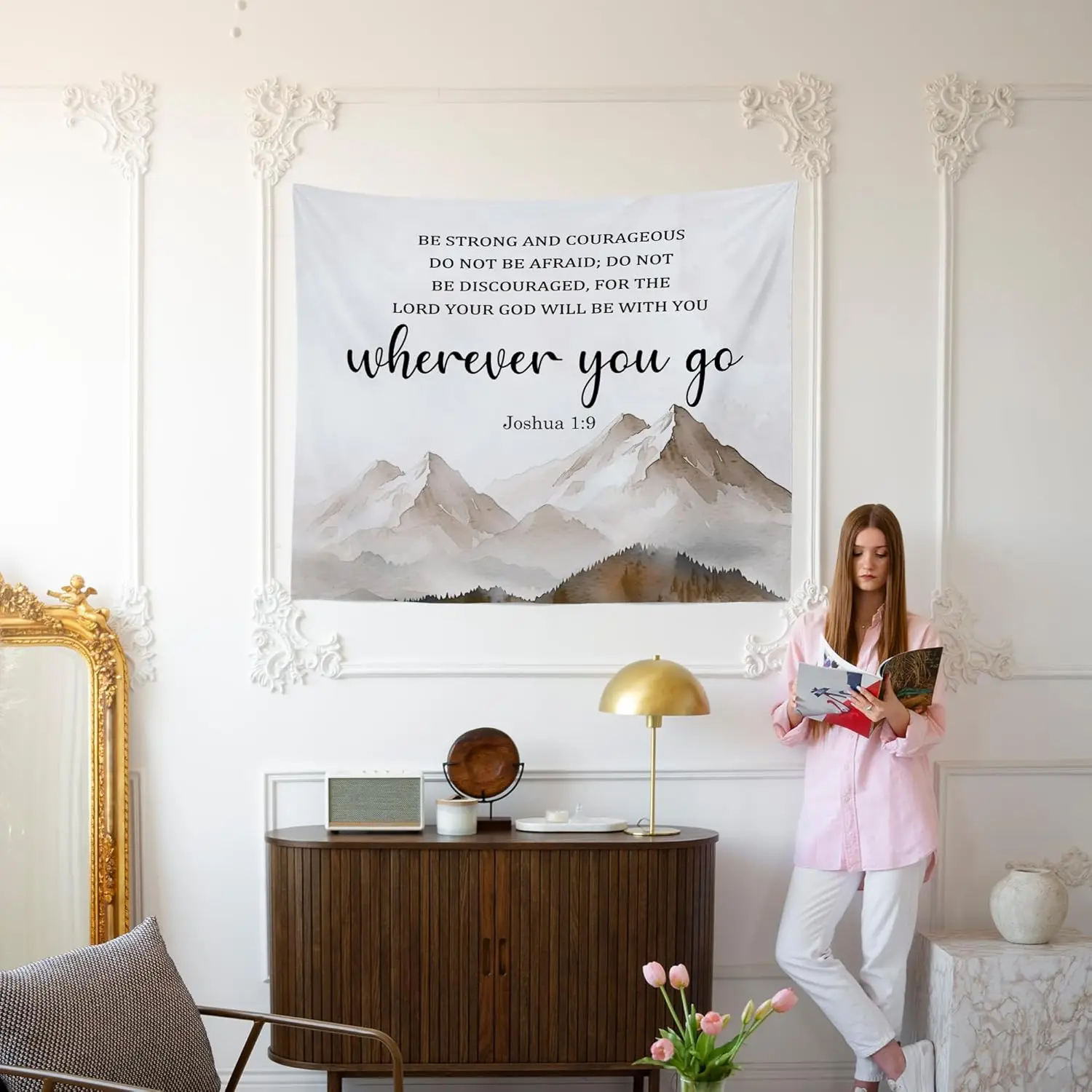 نسيج حائط كريستيان ماونتيان لورد معلق لغرفة النوم، الكتاب المقدس الآية الكتاب المقدس جوشوا 1:9 المفروشات، الألوان المائية الدينية #6