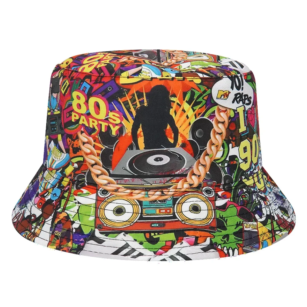 New 80\'s 90\'s Print Summer Sun Protection Bucket Hats for Women Man Fashion Luxury Fisherman Cap Hip Hop Panama Hat Bob Sun Caps