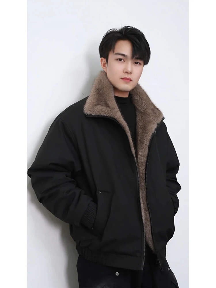 

Double-Sided Wear Men's Cotton Jaet with Faux Fur Collar Thiened Fce Warm Winter Outerwear Cleanfit Zipper Closure