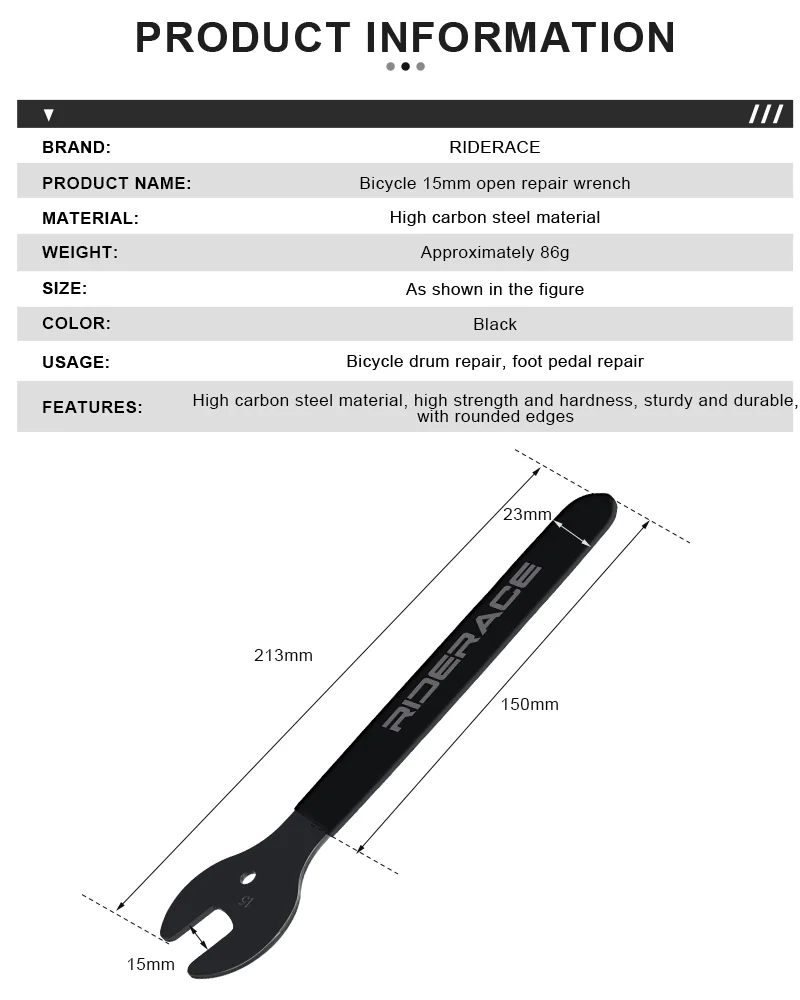 RIDERACE Bike Pedal Wrench Durable Extra Long Handle For MTB Mountain Bicycle Install Remover Removal Spanner Repair Tool 15mm