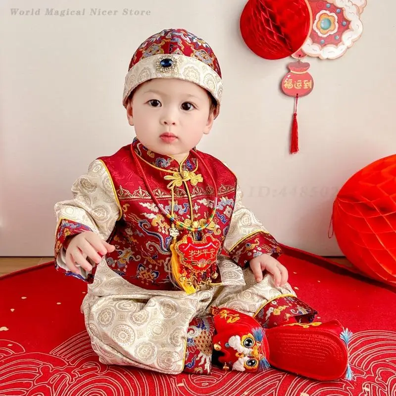 

Baby Boy Chinese Tang Suit Newborn Hundred Days Birthday Festive Formal Dress Kids Embroidery Traditional Outfit