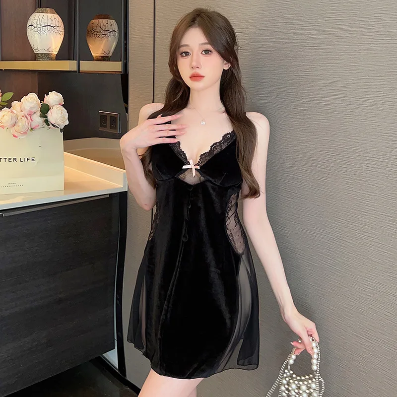 الخريف والشتاء الذهبي المخملية منامة المرأة الحمالة ثوب النوم قطعتين مجموعة الرغبة النقية الرياح مثير الظهر الخامس الرقبة فستان النوم ث