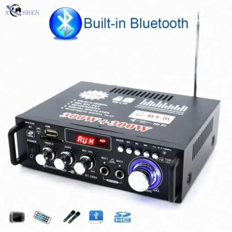 BT 298A Professional Mini Car Power Amplifier DC12V AC110 OR 220V With 2MIC Usd SD Wireless BT 5.0 FM