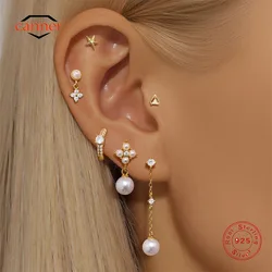 CANNER Minimalism Pearl 925 Sterling Silver Puncture Stud Earrings For Women Ins Starfish Pentagram Smooth Water Droplet Earring