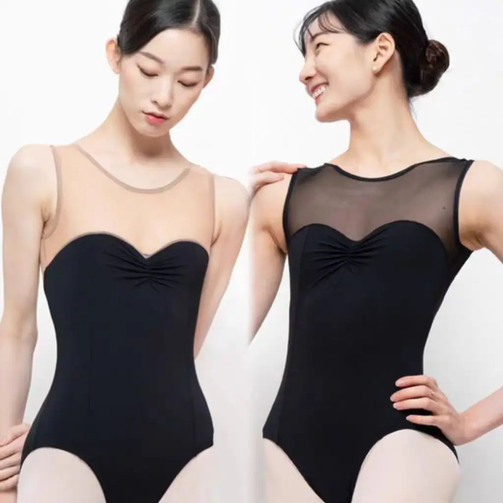 ملابس رقص باليه من التول والألياف اللدنة قابلة للتنفس للنساء بدون أكمام - قميص قصير مطاطي لممارسة الباليه والرقص المعاصر