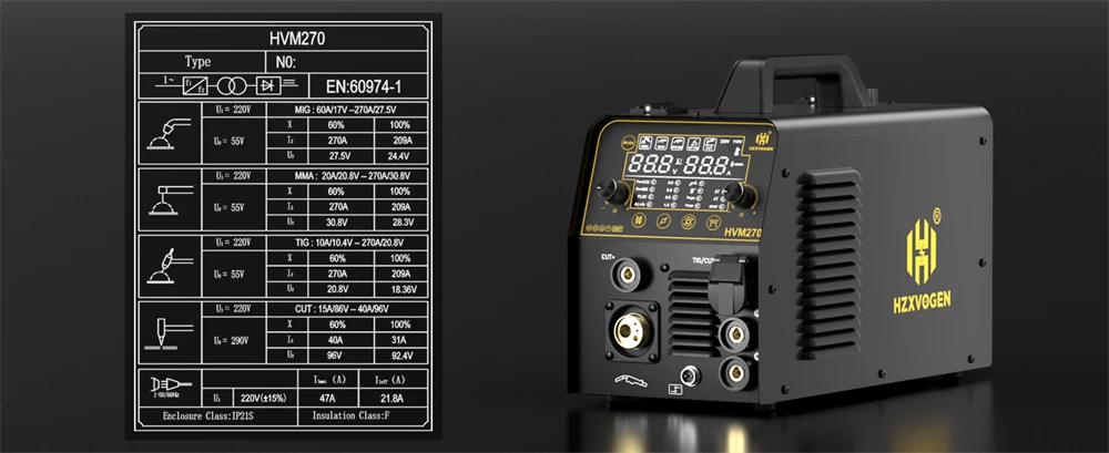 6 in 1 Welding Machine HZXVOGEN HVM270 Gas MIG Gasless MIG HF TIG MMA Plasma Cut Digital LED Screen IGBT Inverter 2T/4T