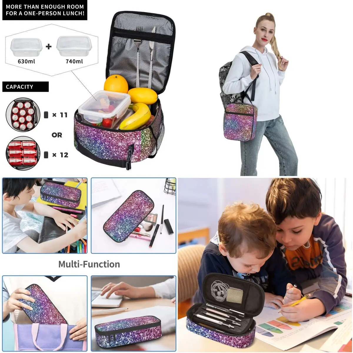 Rainbow Glitter Texture Backpacks Boys Girls Bookbag Students School Bag Cartoon Kids Rucksack Lunch Bag Pen Bag Three-Piece Set