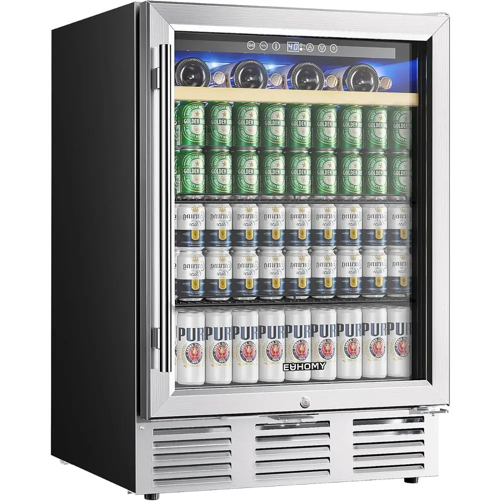 24 Inch Under-Counter Beverage Refrigerator, Holds 112 Cans & 8 Bottles, Double-Layer Glass Door for Kitchen, Bar, or Office