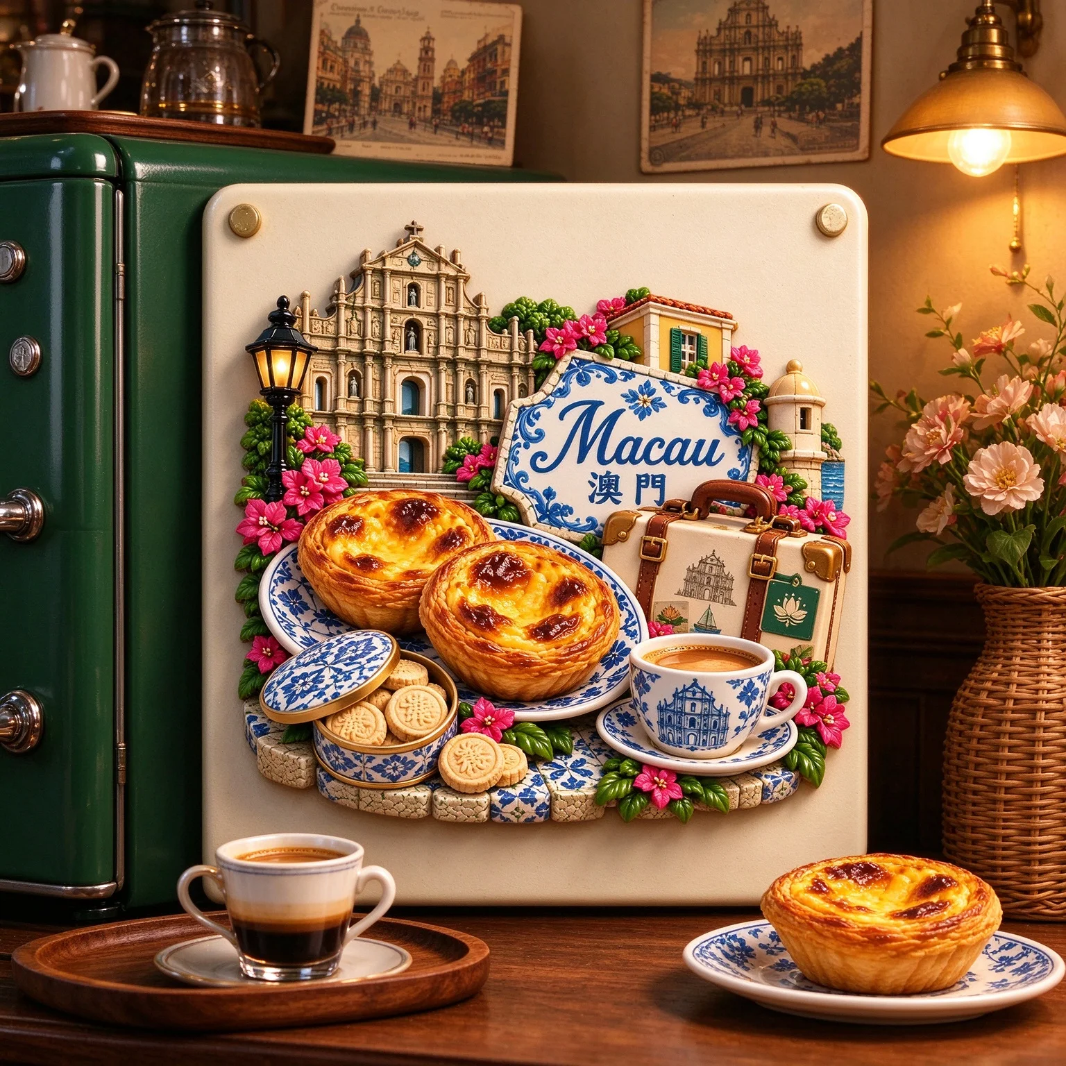 Wooden frosted texture refrigerator with magnetic suction, Da San Ba egg tart, Portuguese style tourism and cultural creativity