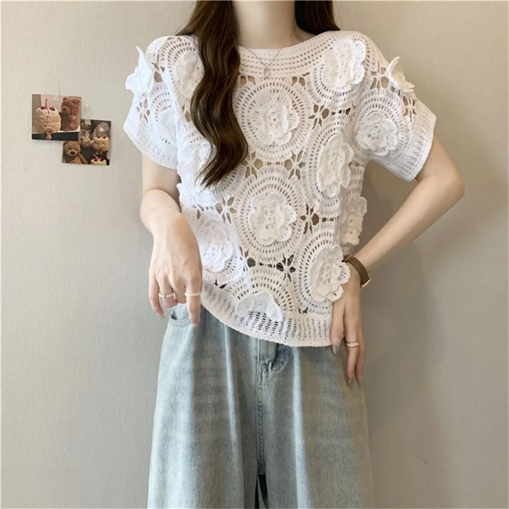 Sweter na szydełku Pulower 2025 Lato Wiosna Kwiaty Ażurowe Dzianiny Koreańska Moda Elegancki Vintage Damski Pulower Koszula Top