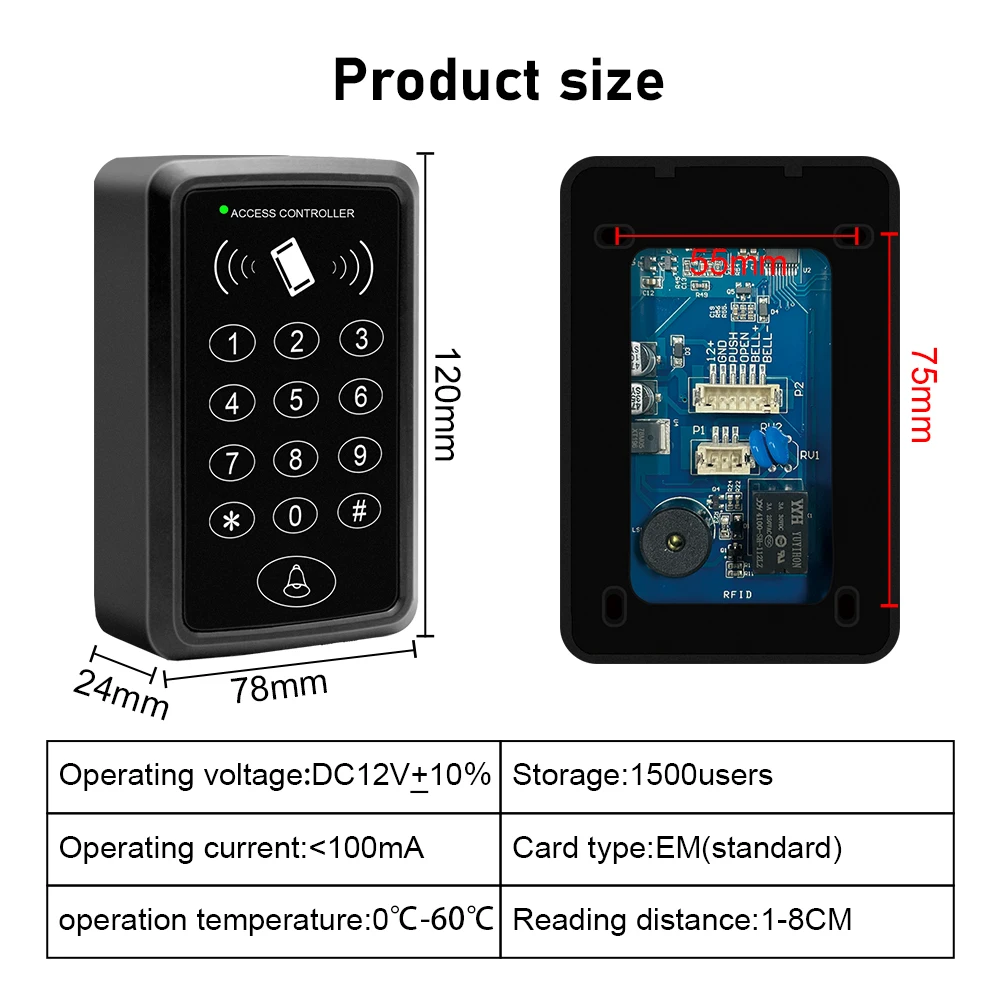 125Khz RFID Access Control Keypad EM Card Reader Door Access Control System Door Lock Opener Gate Keyboard System 1500 user