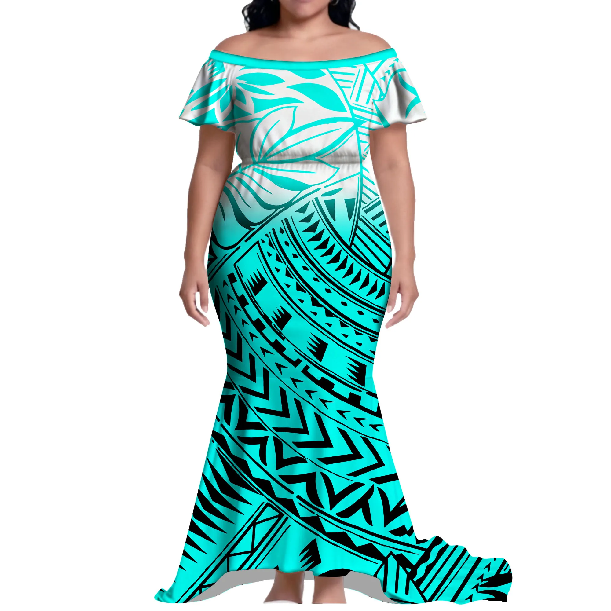 فستان صيفي مريح بكتف واحد وذيل السمكة طويل بطول الأرض فستان نسائي نمط مخصص بولينيزي #2