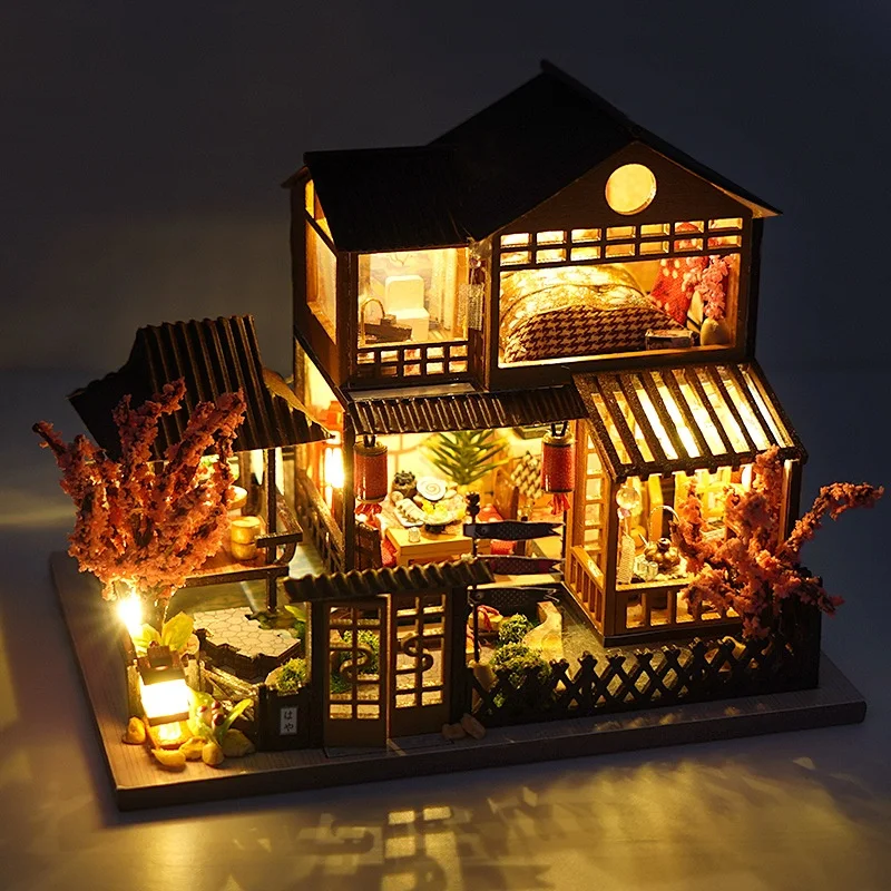 

Japanese vintage cherry Diy Wooden Miniature House Model Handmade Assembled With Led Light Creative Birthday Gift Home Decor