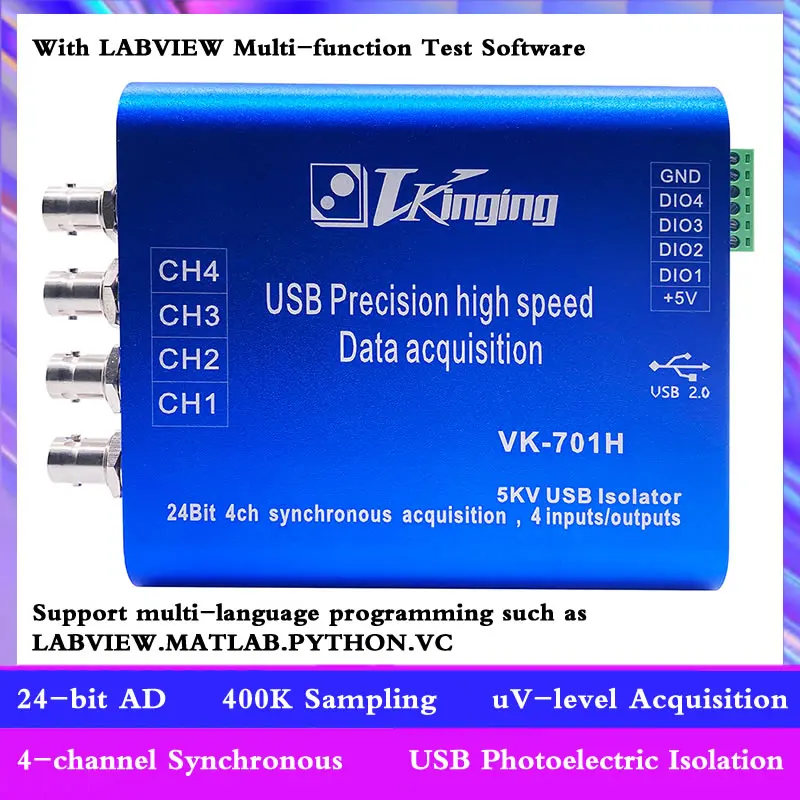 VK701H 24-bit Isolated USB Data Acquisition Card With IEPE Function 400K Sampling