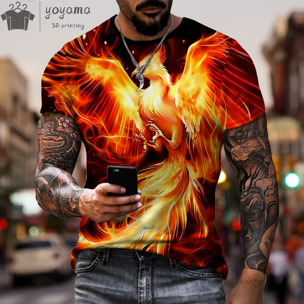 Phoenix Pattern 3D Print Summer Men's Clothing Personality O-Neck Short Sleeve Tee Casual Phoenix Print Oversized T-Shirt Tops