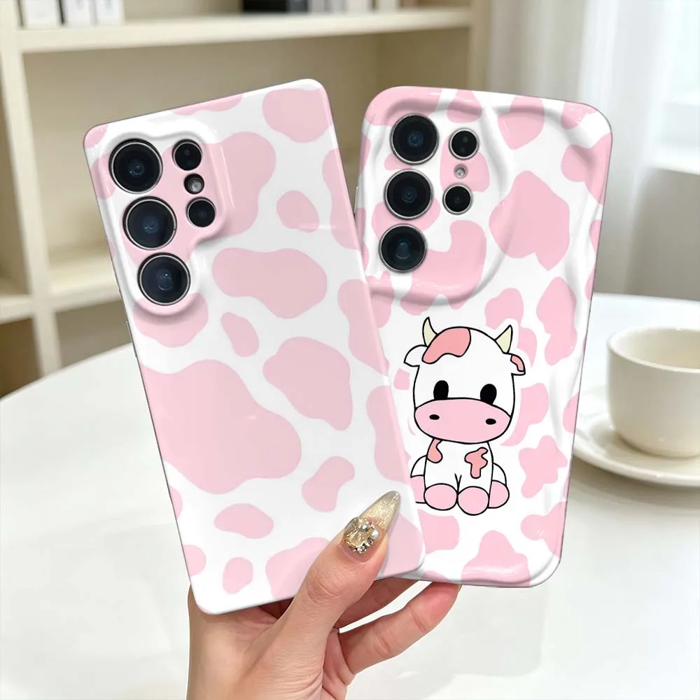 Simple Pink Cow Pattern Phone Case For Samsung Galaxy S26 S25 S24 S23 Ultra FE Plus Feilini Hard Case Wave Oil Soft Case