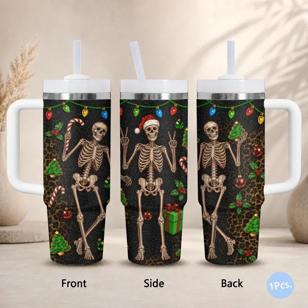 Skull Design Vacuum Flasks 40oz Thermal Stainless Steel Tumbler with Handle Straw Leakproof Mug