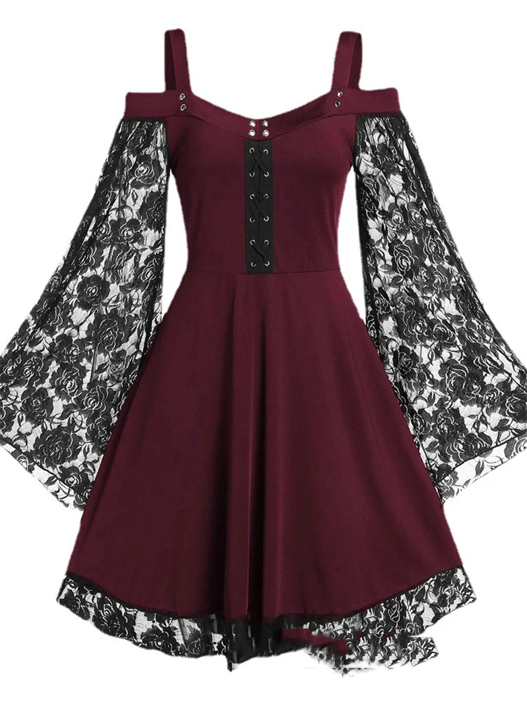New Vintage Elegant Lace Up Goth Retro Party Dresses Women Gothic Punk Dress Y2K Long Flare Sleeve Sexy Black Mesh Sawing Dress