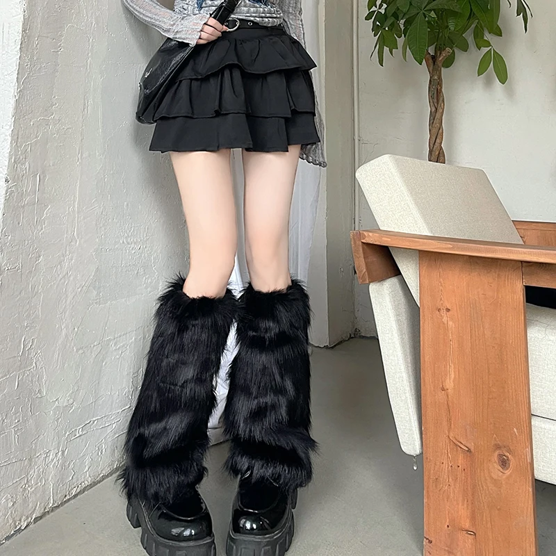 

White Faux Fur Leg Warmers Boot Covers Y2K Goth Solid Leg Socks Punk Knee-length Fashion Warm Sock