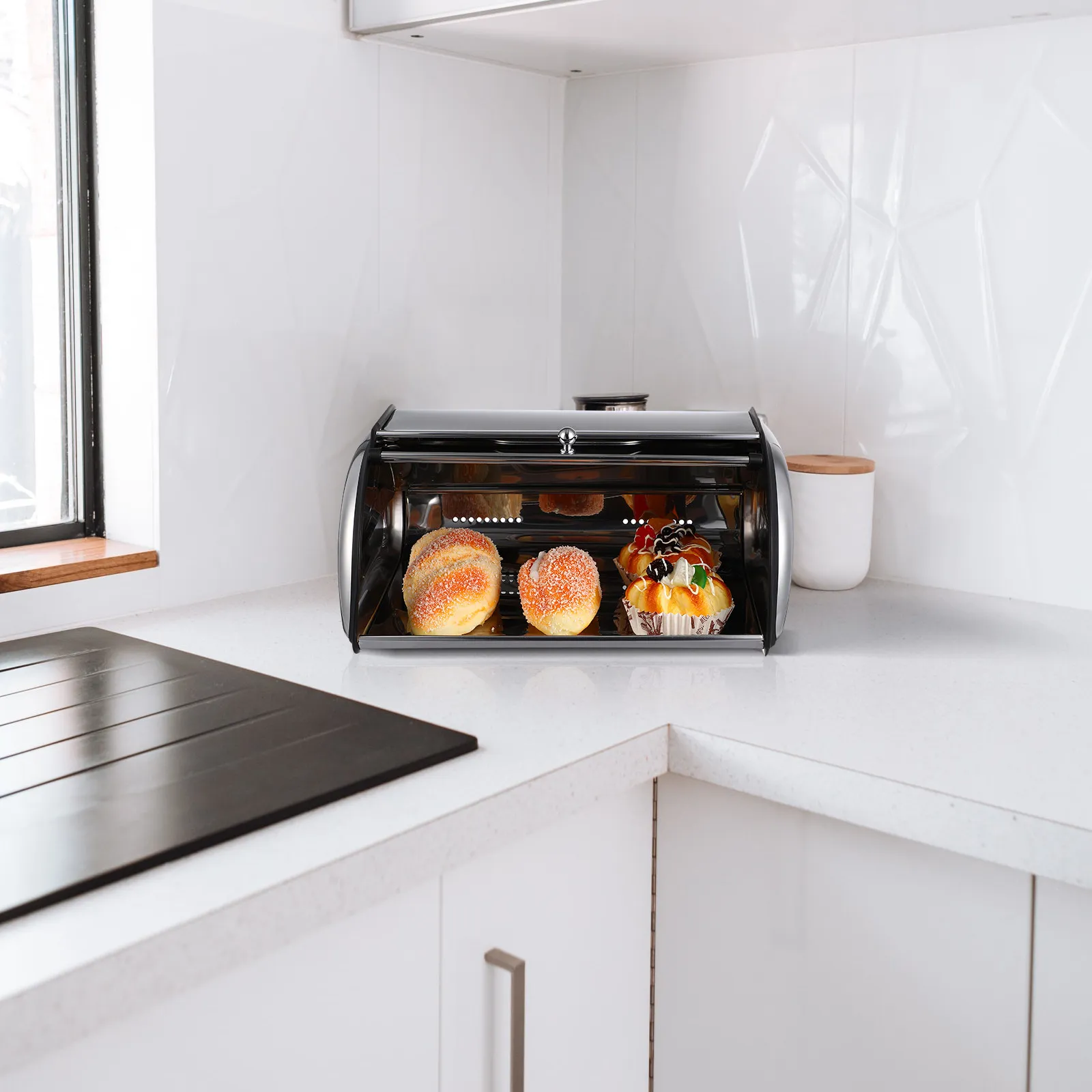 

Stainless Bread Box Airtight Design Wide Base Multi-Function Storage for Kitchen Home Bakery Coffee Shop Use Bread Container
