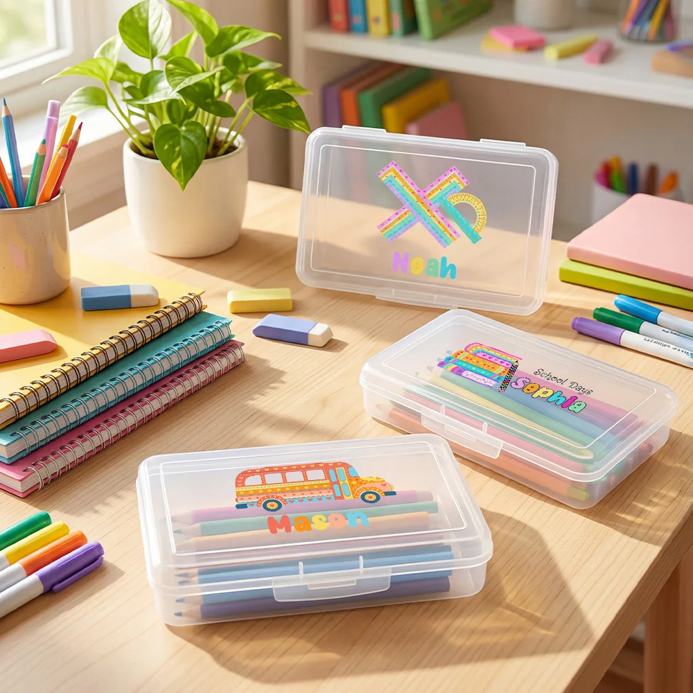 Personalized Pencil Case, Custom Name Clear Plastic Rainbow School Stationery Box, - view 5