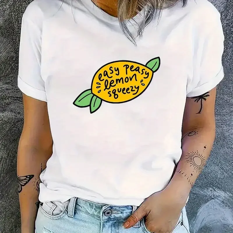 

Lemon Print T Shirt Harajuku Style Summer Women's Graphic Crew Neck T-Shirt Short Sleeve Fashion Casual Sport Basic White Cloth