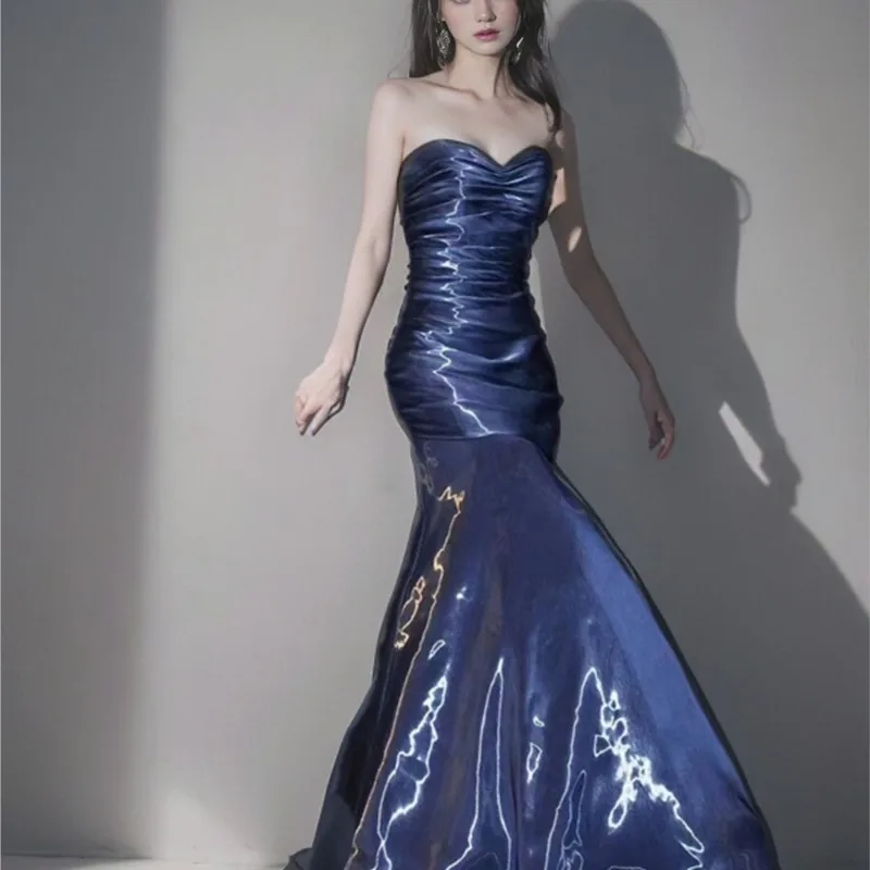 Breast fish tail blue light luxury niche new adult graduation host dress