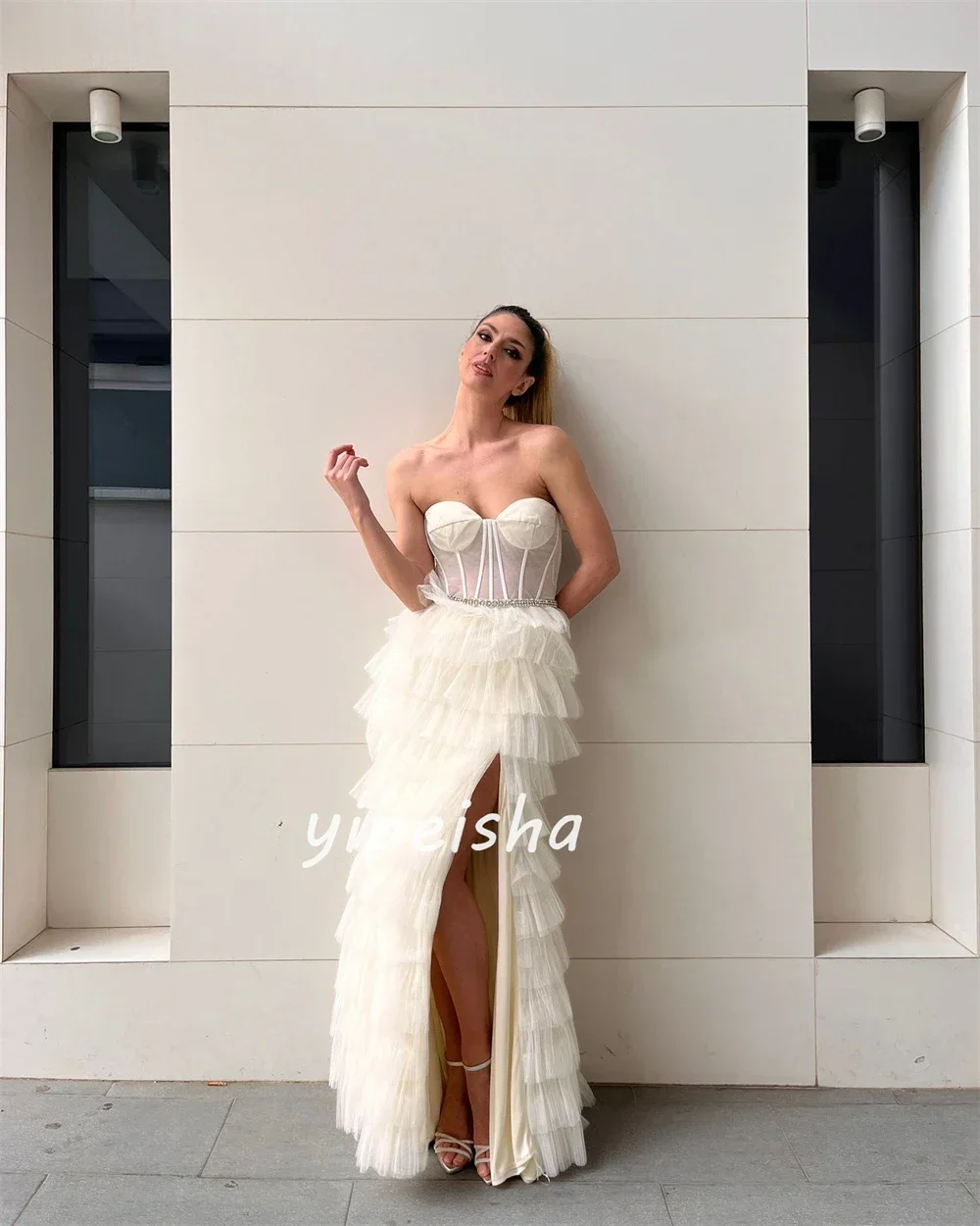 Customized Price AdjustmentTulle Tiered Sequined Ruched Formal Evening A-line Strapless Bespoke Occasion Gown Long Dres