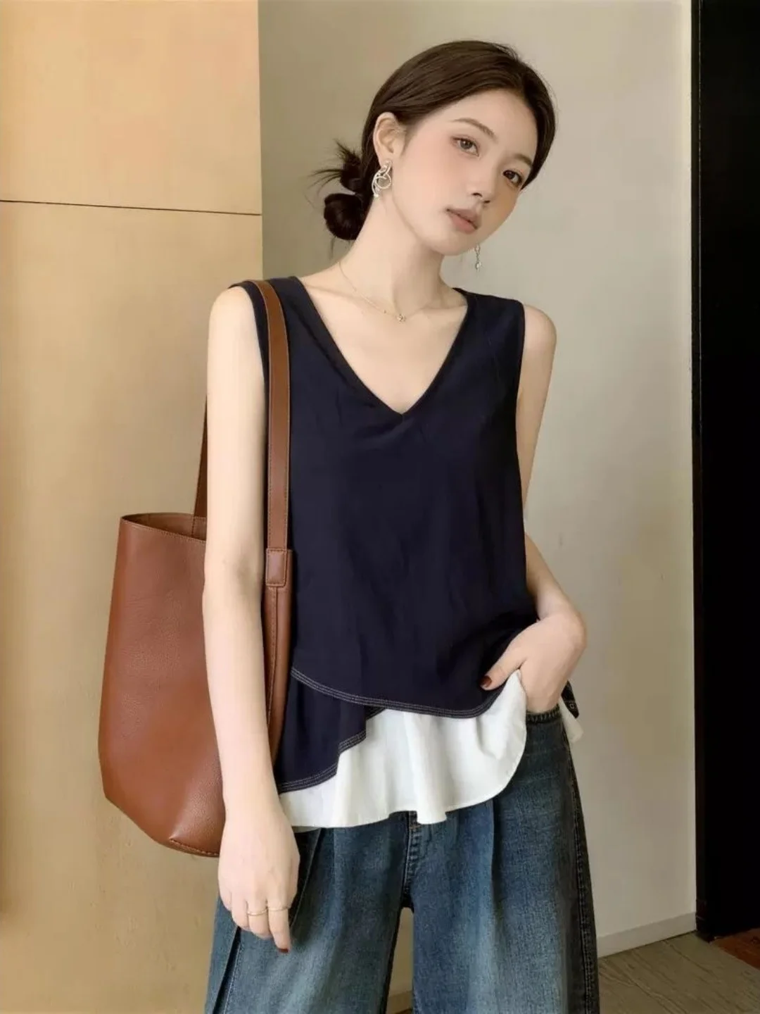 plus Size Korean Style V-Neck Patchwork Midi Tank Top Outerwear Sleeveless Bell Hem Casual Loose Fit Ladies Summer Slimming Top