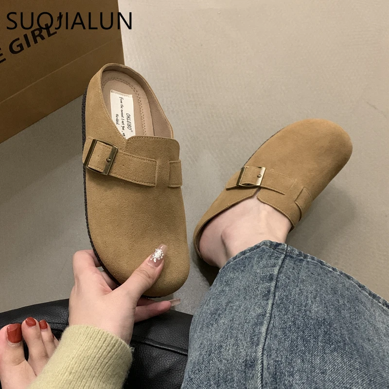 SUOJIALUN 2024 Spring New Brand Women Slipper Shoes Round Toe Slip On Mules Shoes Fashion Flat Heel Casual Flat Slides Shoes