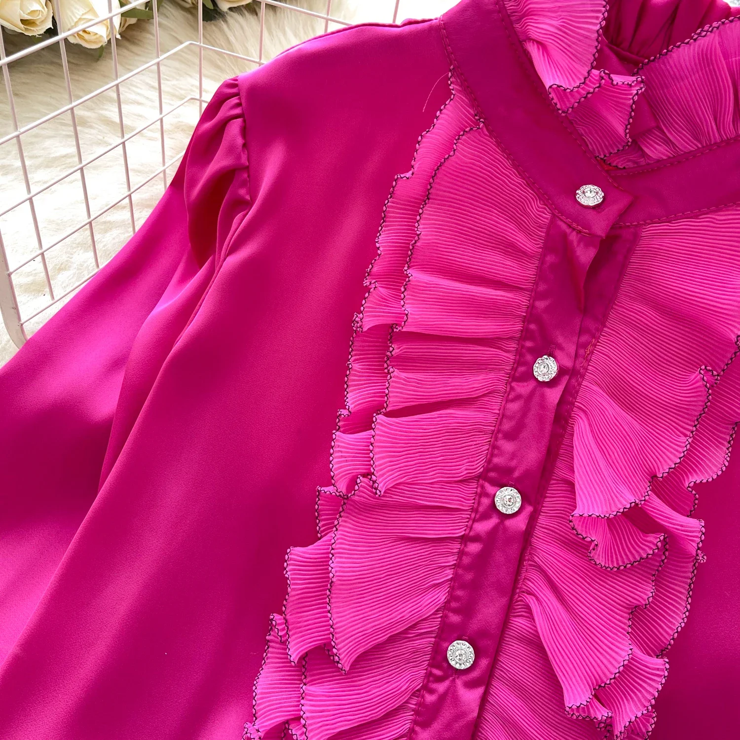 Chic Women Vintage Stand Collar Long Sleeve Loose Ear Fungus Edge Top French Fashion Streetwear High Street Autumn Satin Blouse