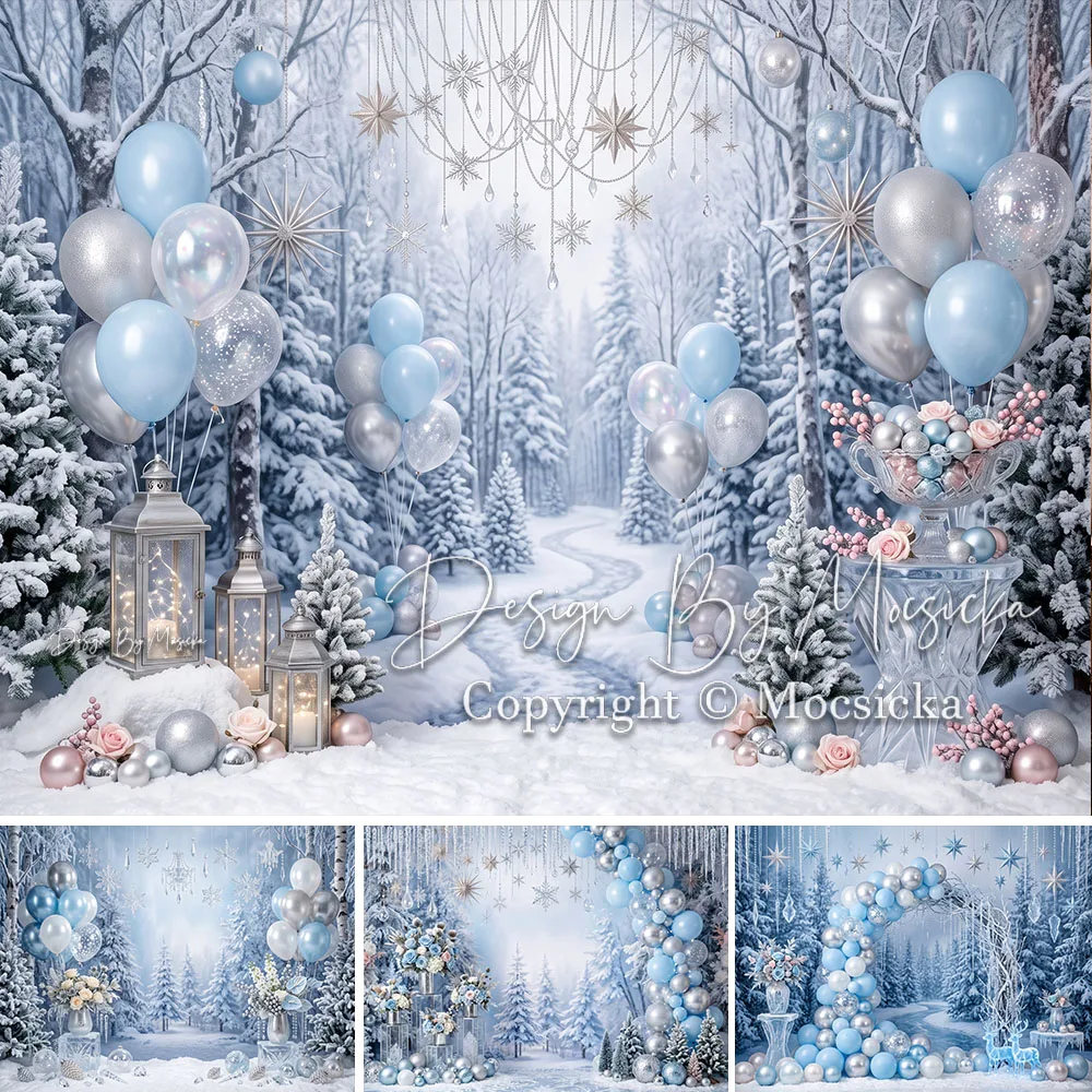 Mocsicka Christmas Frozen Backdrop Photography Snowy Pine Silver Forest Scene Background Winter Kids Cake Smash Studio Photo
